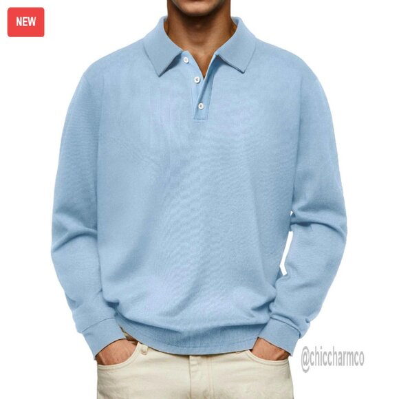Men's Long Sleeve Polo Thermal Pullover Button Collar Loose Fit